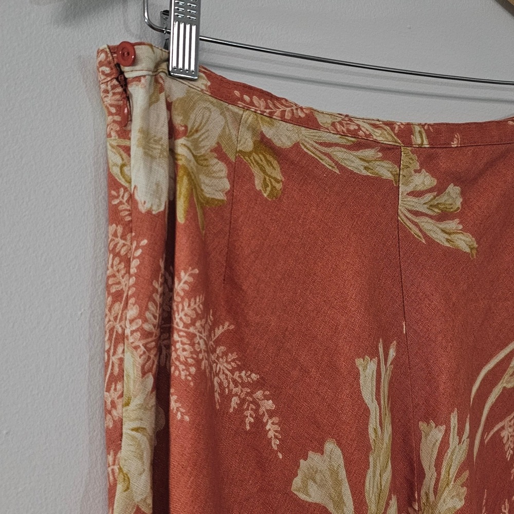 Vtg Liz Claiborne Linen Midi Skirt 16 Burnt Orange Cream Floral Earthy Boho Fall - Picture 4 of 10